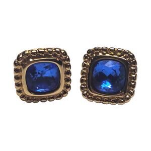 Vintage Monet Blue Sapphire Gold Toned Earrings Studded Frame Pierced ONE BACK